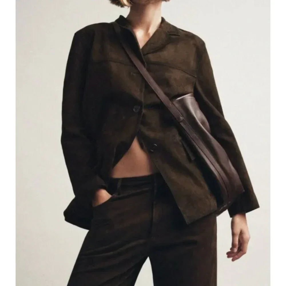 Zara ZW Collection Womans Suede Leather Blazer Jacket M Brown 4341/814 NWT - Picture 8 of 8